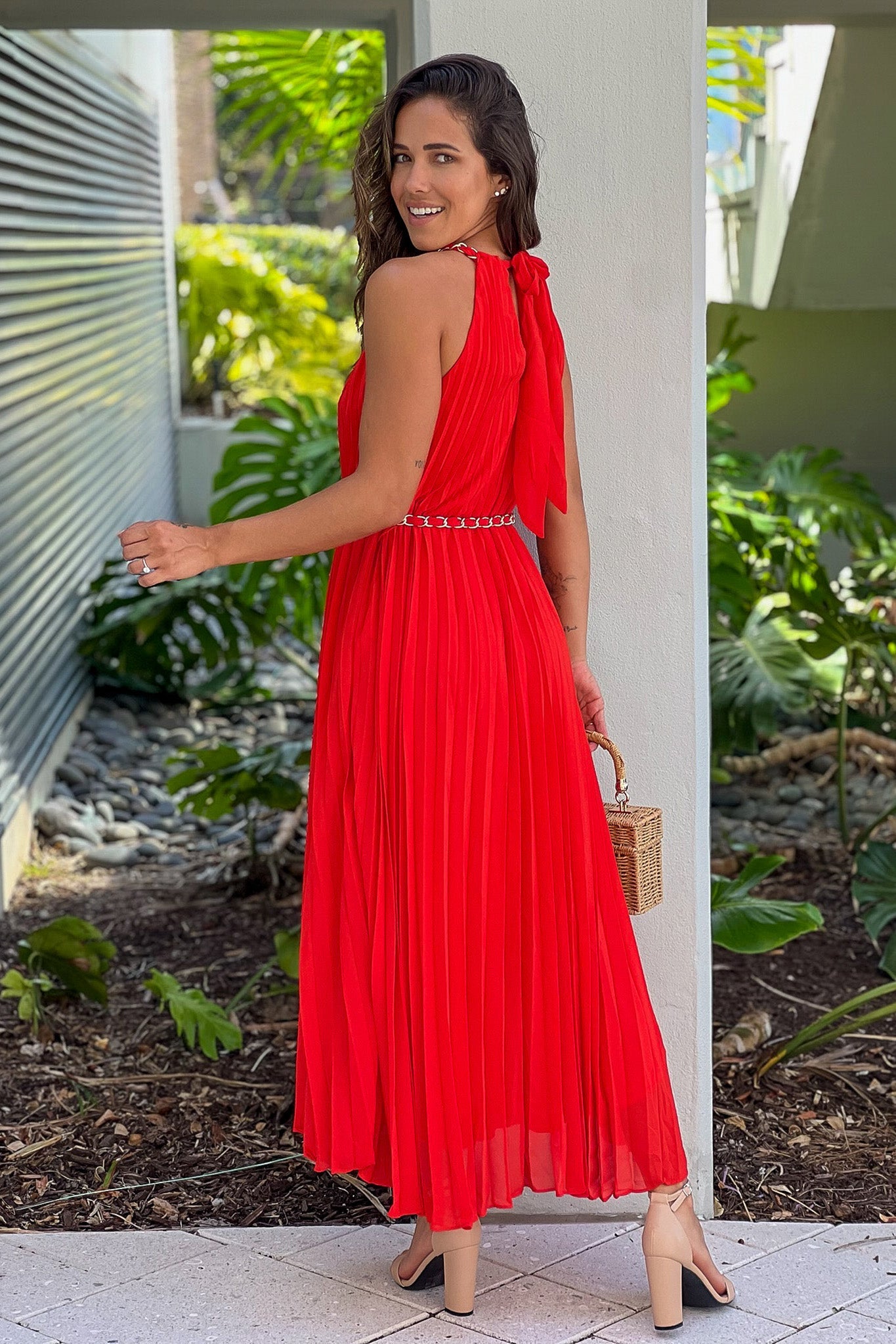 Red Pleated Dress With Chain Belt