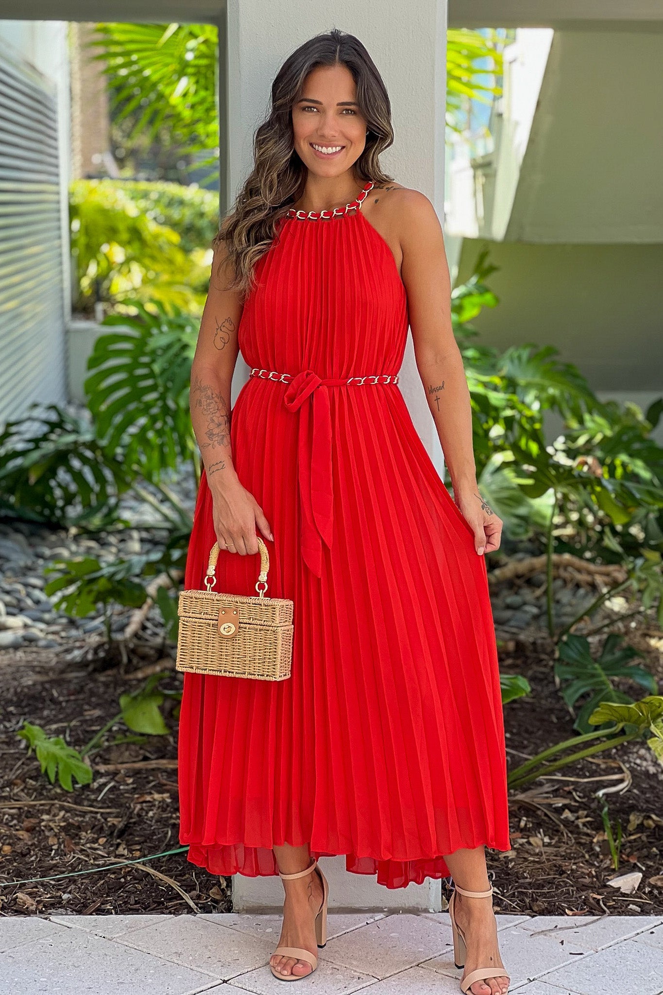 Red Pleated Dress With Chain Belt