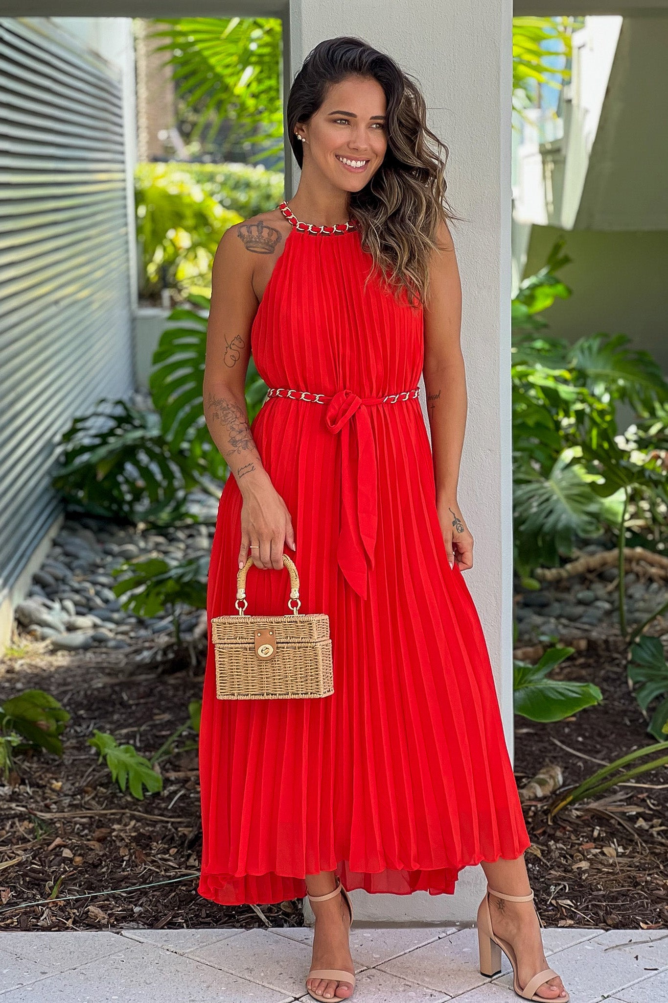 Red Pleated Dress With Chain Belt