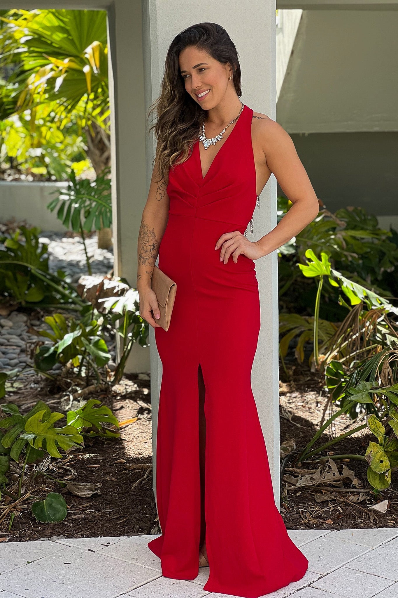 Red Maxi Dress With Rhinestone Multi Strap Back