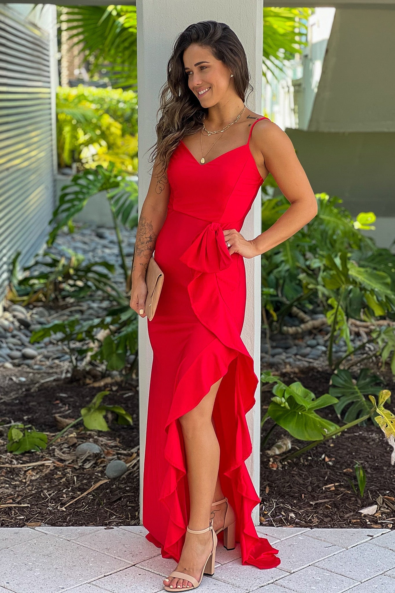 Red Maxi Dress With Ruffle Slit