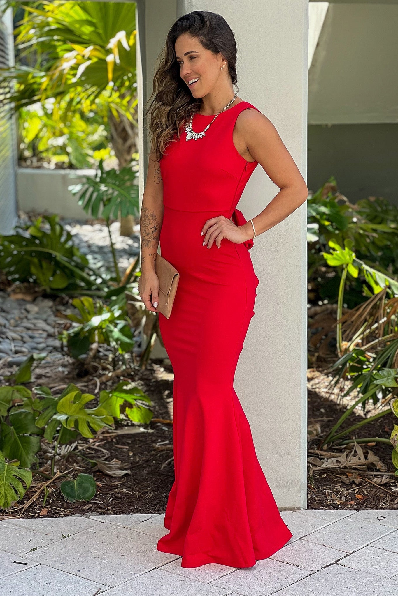 Red Maxi Dress With Open Back And Bow Detail