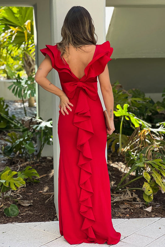 Red Ruffled Maxi Dress With Back Bow And Slit