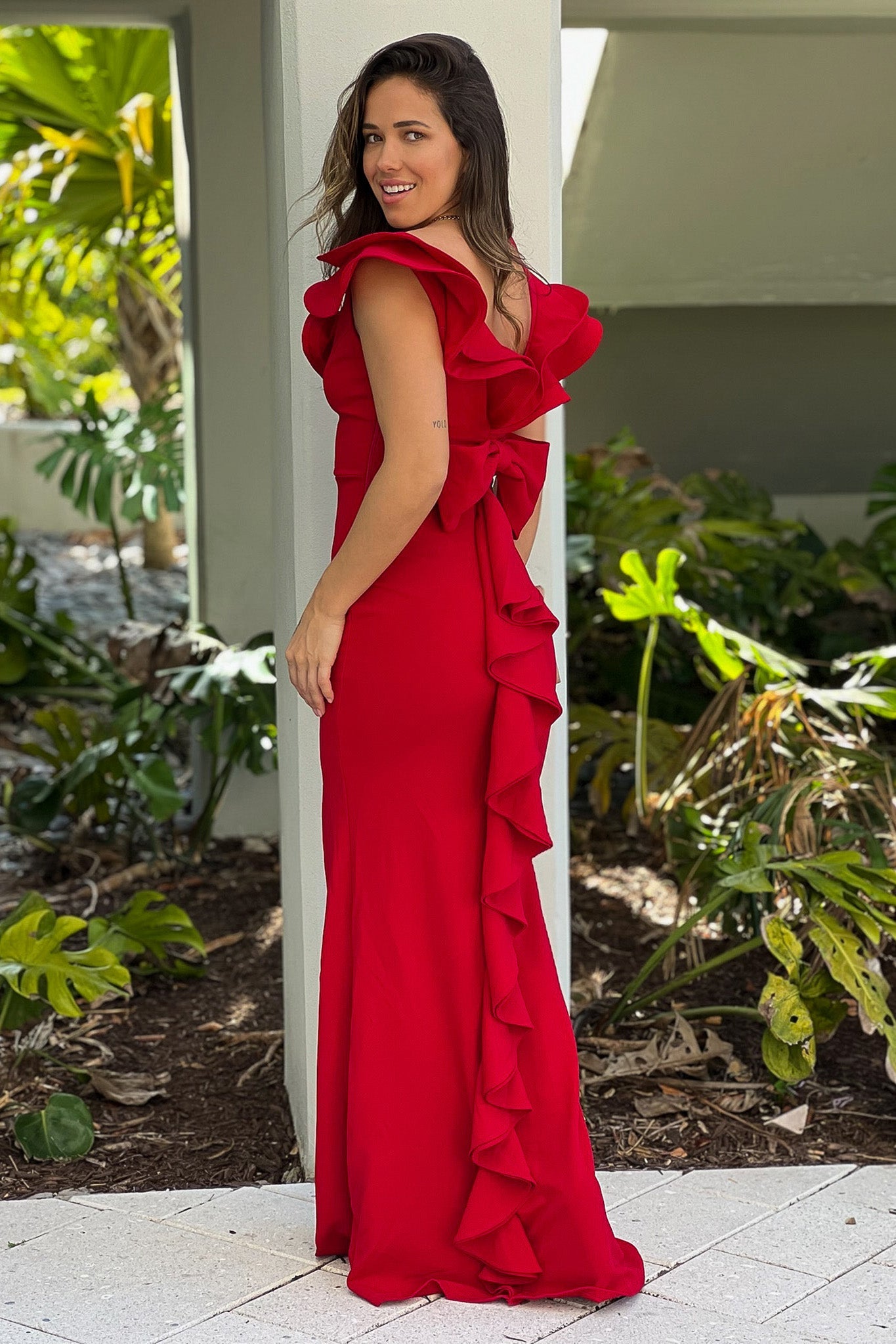 Red Ruffled Maxi Dress With Back Bow And Slit