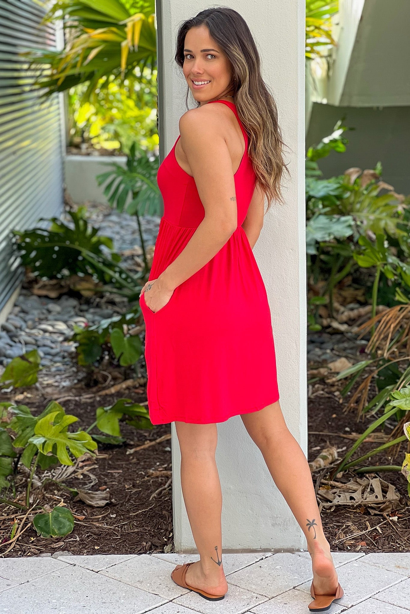 Red Racerback Short Dress with Pockets