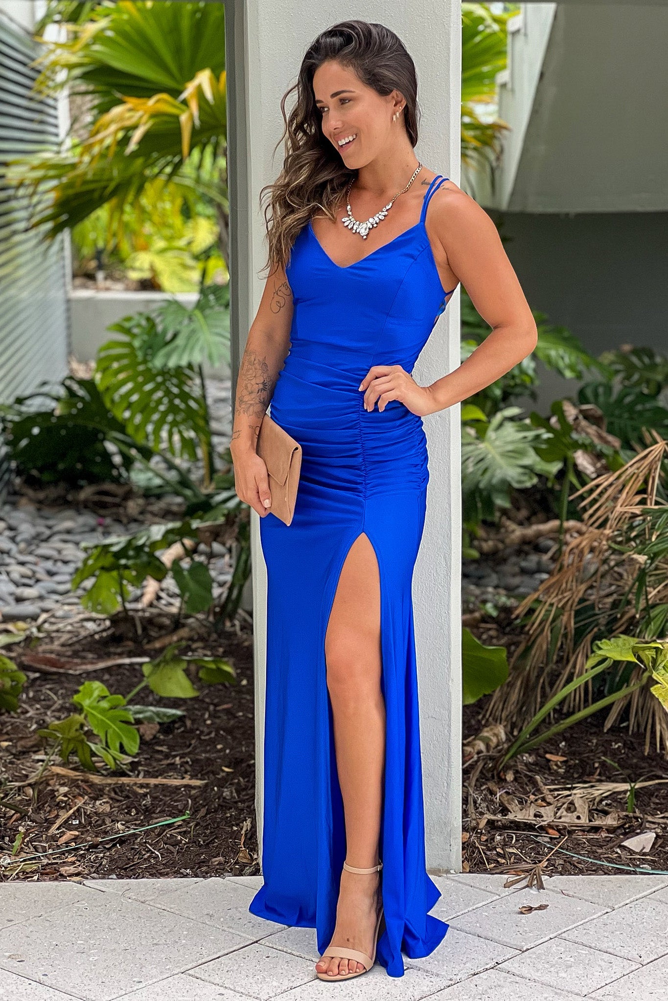 Royal Blue Ruched Maxi Dress With Slit