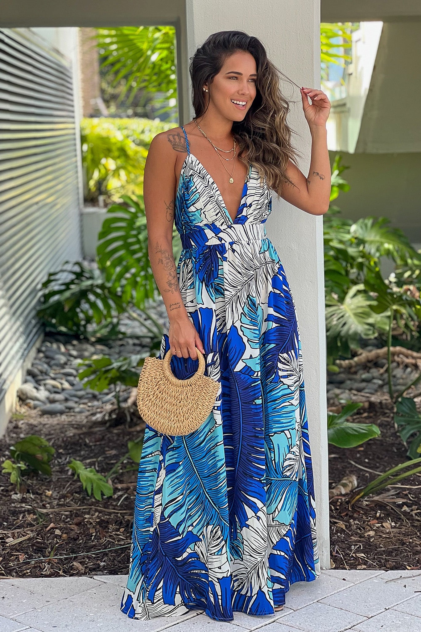 Royal Blue Printed V-Neck Maxi Dress