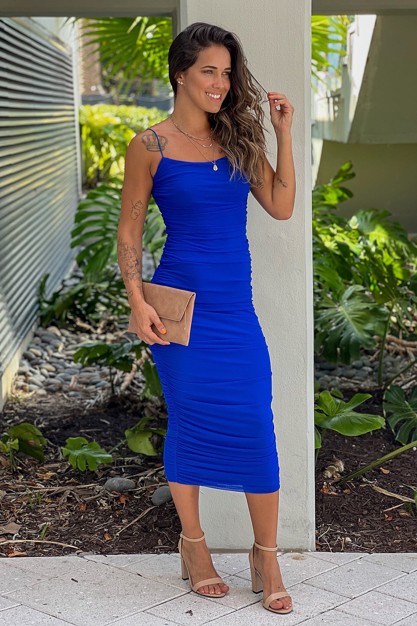 Royal Blue Ruched Midi Dress With Zipper Detail