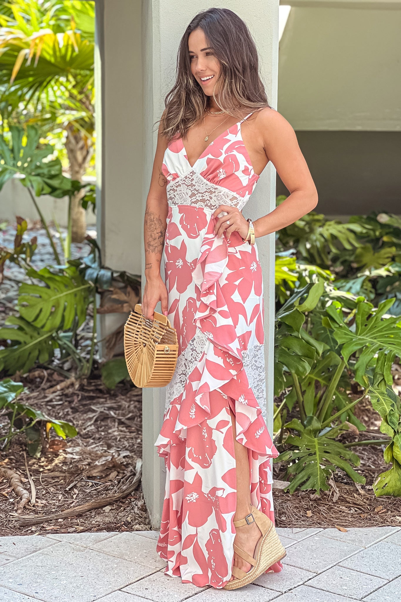 Salmon Printed Maxi Dress With Lace Detail