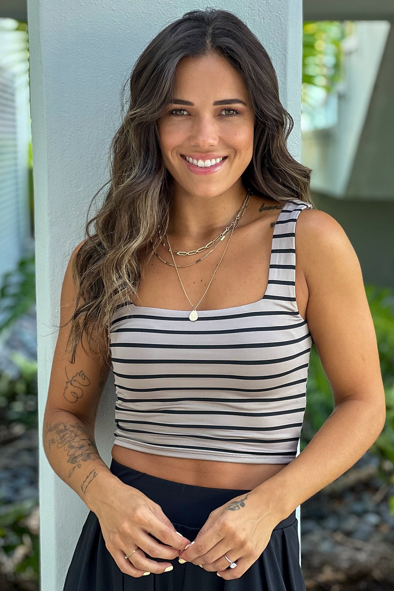 Taupe Striped Square Neck Crop Top