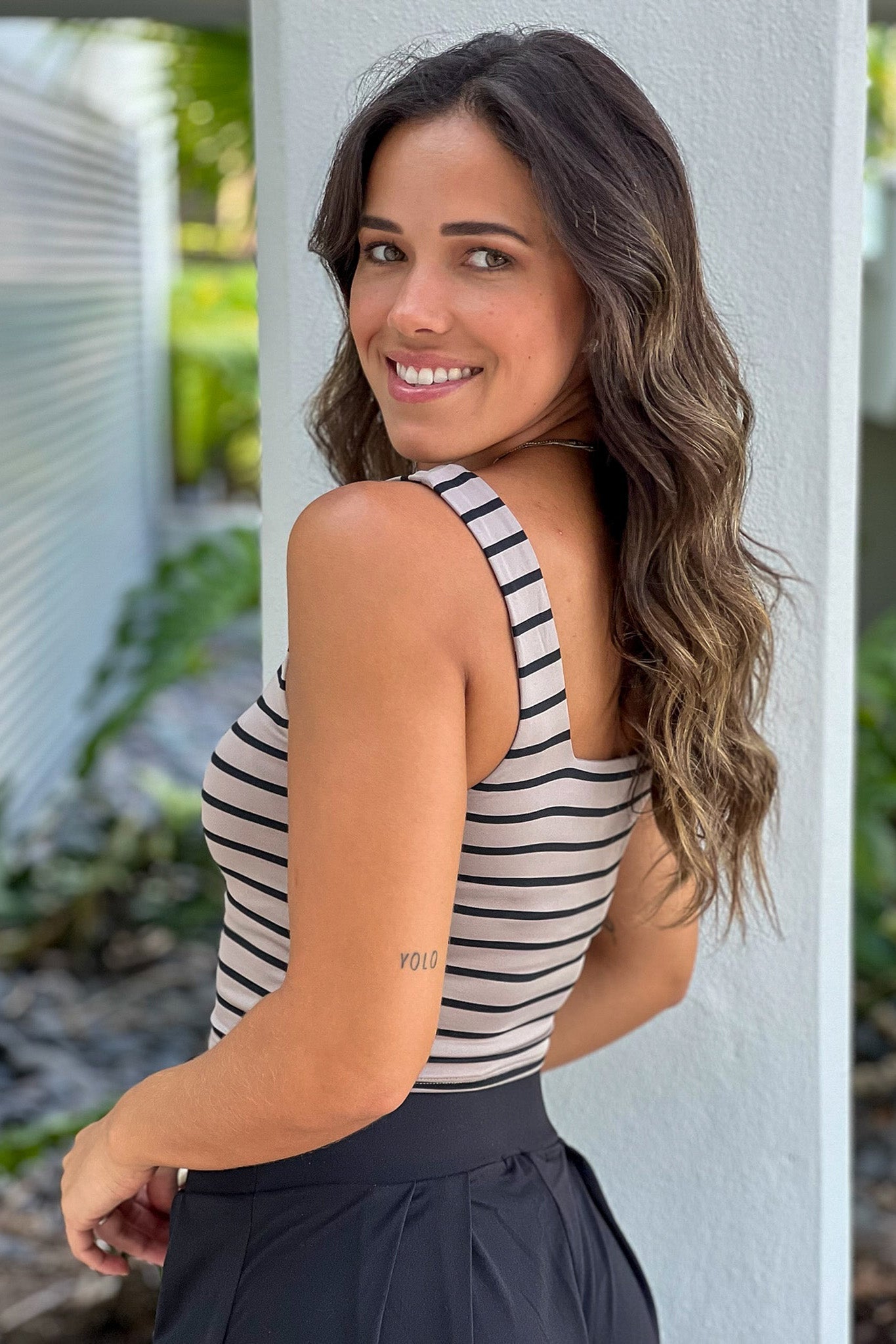 Taupe Striped Square Neck Crop Top