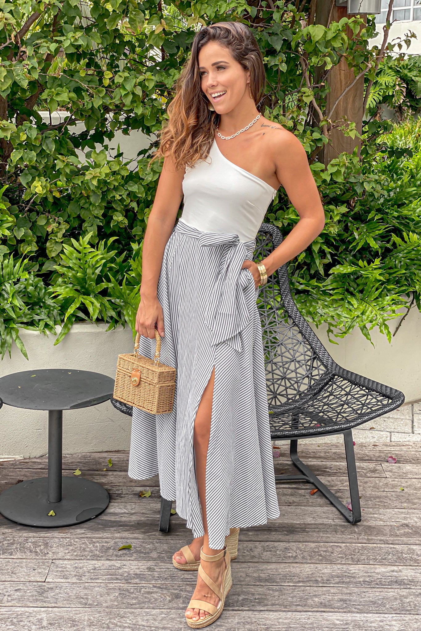 White And Black Striped Maxi Dress With Slit