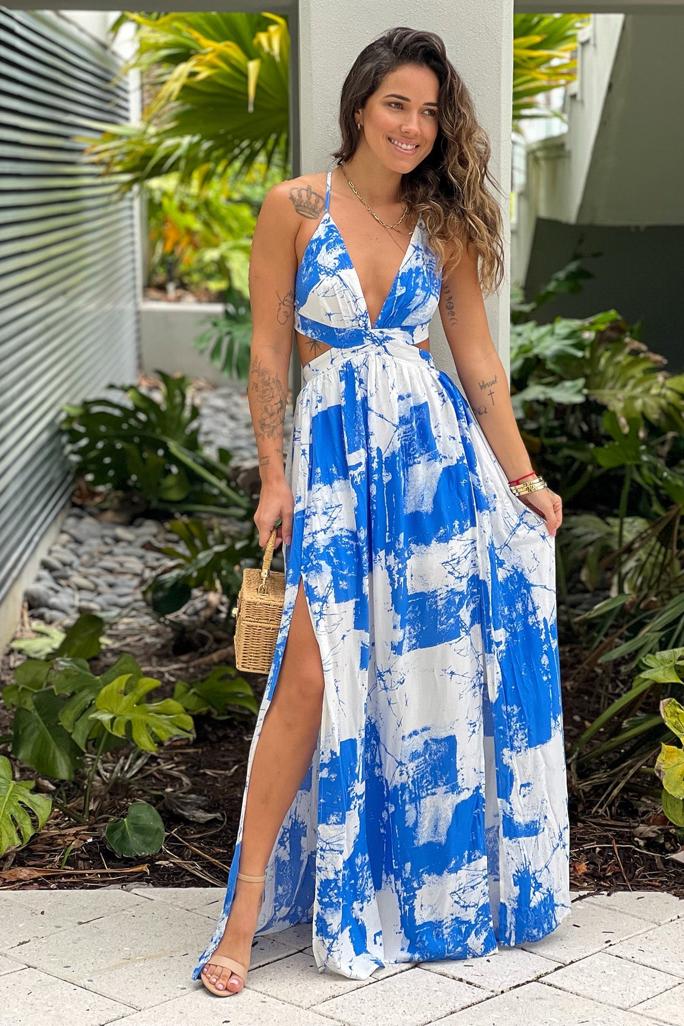 White And Blue Printed Maxi Dress With Cut Outs