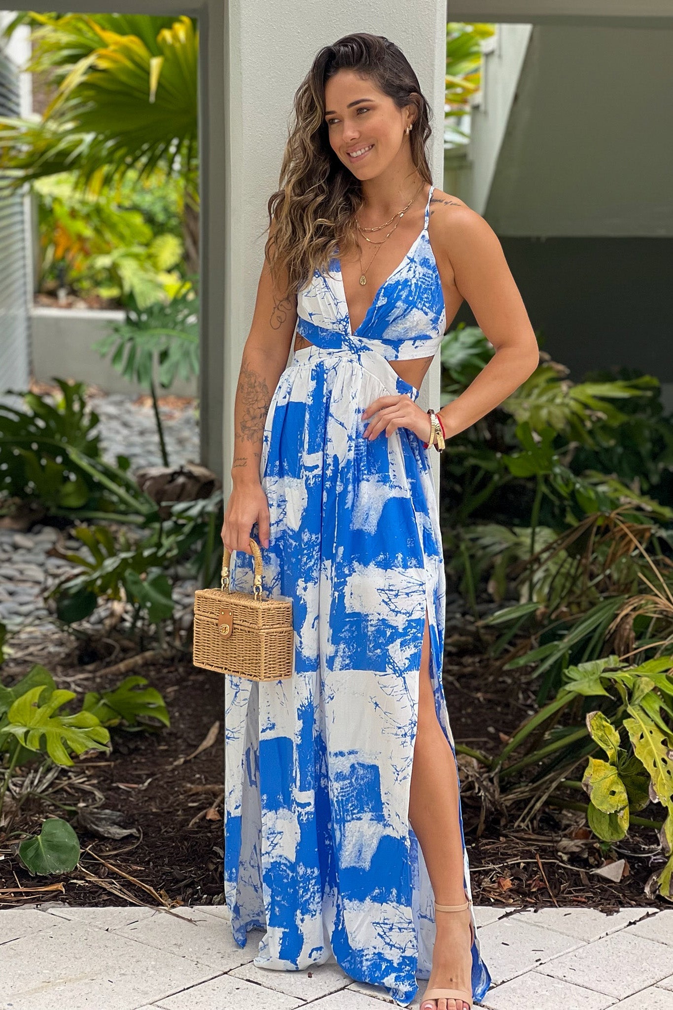 White And Blue Printed Maxi Dress With Cut Outs