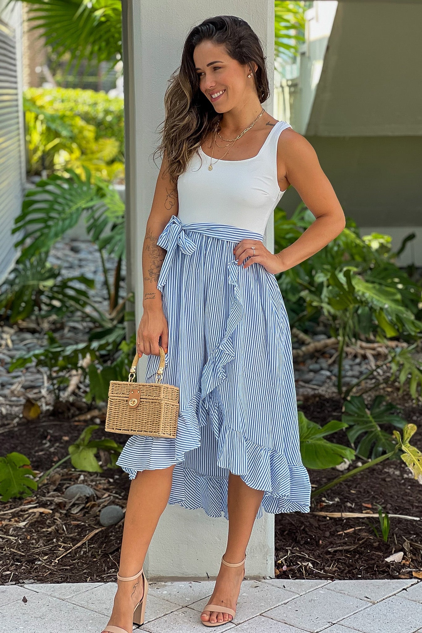 White And Blue Striped Dress