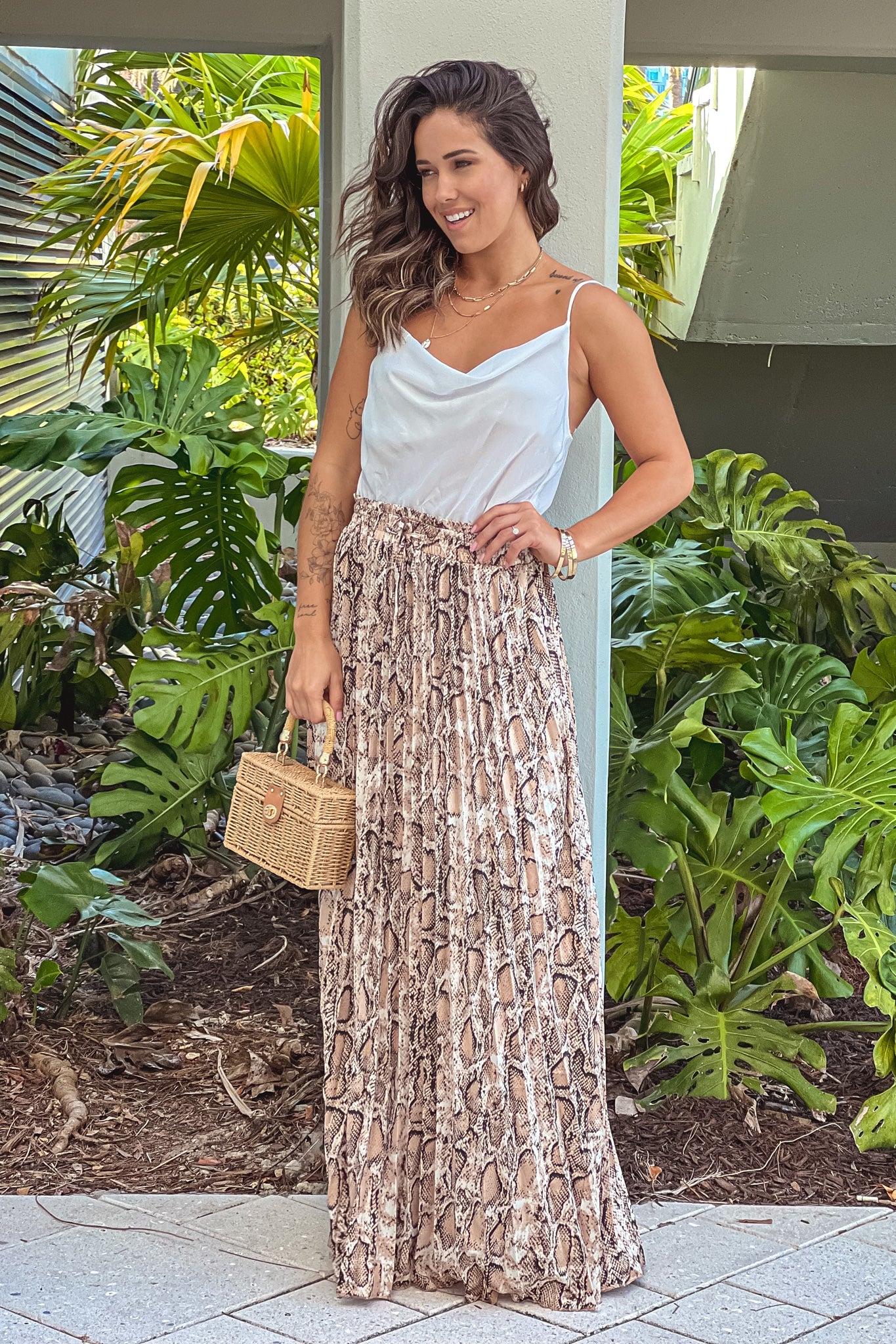 White Draped Top Maxi Dress With Pleated Leopard Skirt