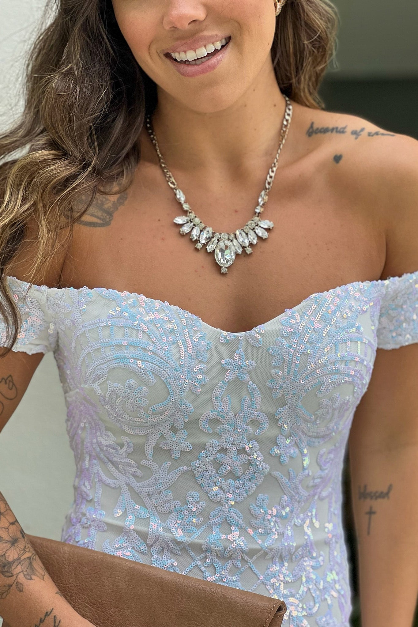 White Off Shoulder Sequined Midi Dress